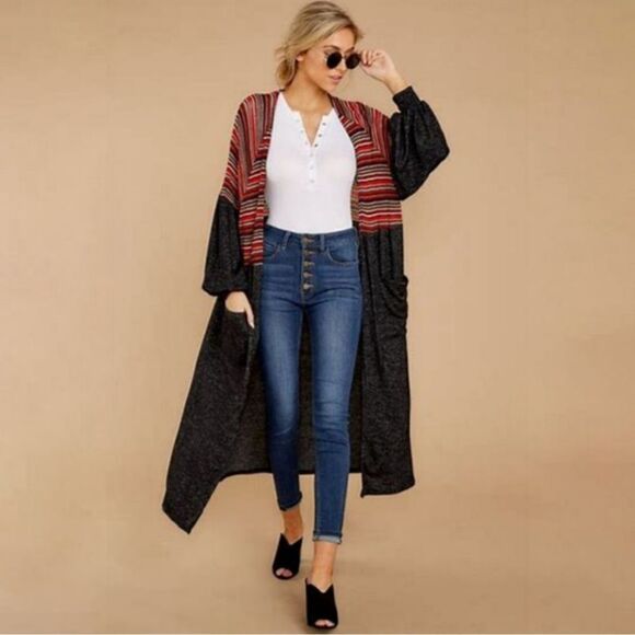 Hummingbird Chic Charcoal Gray Multi Stripe Duster Cardigan Medium - Picture 8 of 8